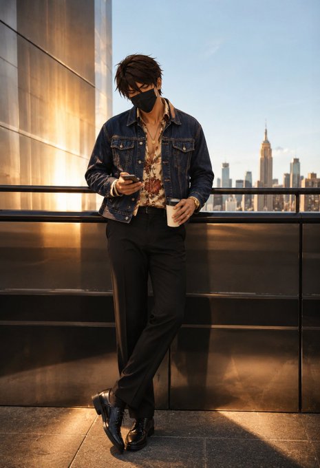 The image features a man wearing a denim jacket, black pants, and a face mask leaning against a metal railing or fence while looking at his cell phone. The background shows buildings with a city skyline visible through the windows. The caption of the image reads "g m 𝕏 happy Sunday to y'all. stay with @NomismaNetwork powering the AI x DeFi economy.", which is related to the post about the cryptocurrency and AI-powered economy.