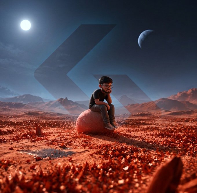 A digital illustration depicts a young boy wearing glasses sitting thoughtfully on a rock on a red, rocky terrain, with two moons and a bright star visible in the dark sky above.