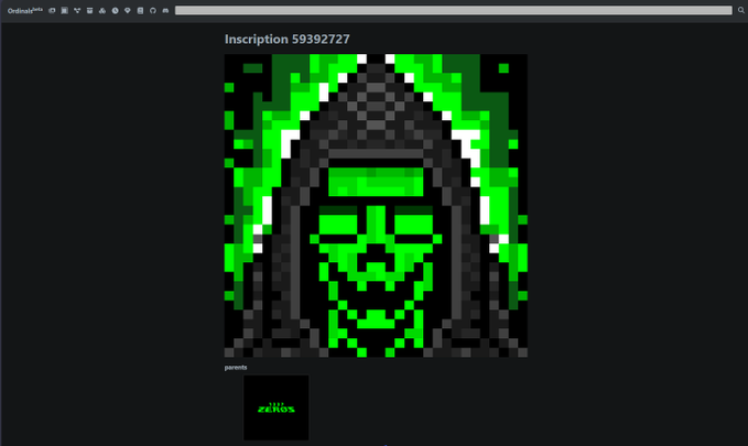 A pixel art image titled 'Inscription 59392727' showing a hooded grim reaper face in green and black on a dark background, credited to 'zelkos'.