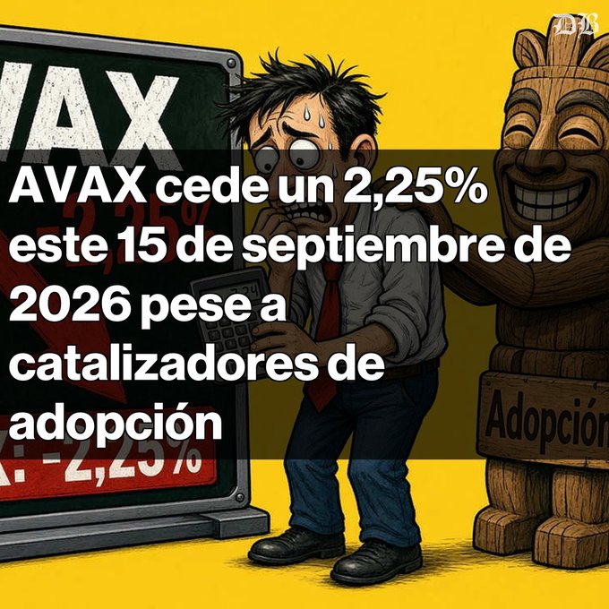 An illustrated image shows a worried cartoon man looking at a phone next to an AVAX stock display, with Spanish text reading 'AVAX cede un 2,25% este 15 de septiembre de 2026 pese a catalizadores de adopción'.