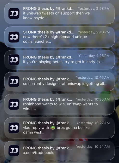 A screenshot of Twitter/X notifications showing multiple 'FRONG thesis' and 'STONK thesis' tweets by @frankd... posted yesterday, discussing topics like Uniswap, Robinhood, and crypto trading.