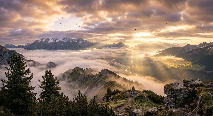 A breathtaking landscape features a sea of white clouds in a mountain valley, illuminated by golden sunlight breaking through dramatic clouds, with a small figure sitting on a rocky peak.