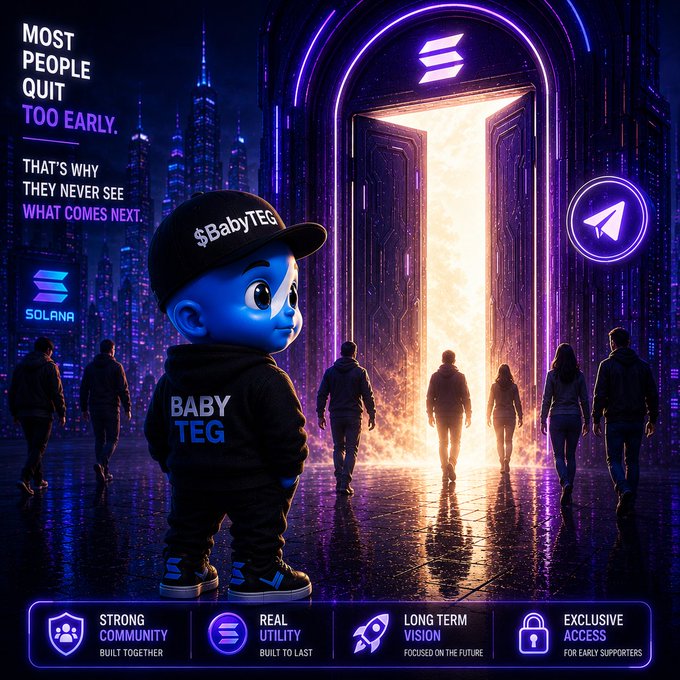 The image features a cartoon character, likely a baby teeg, standing in front of an open door with a group of people walking through it. The caption above the image reads "Most people quit too early. That's why they never see what comes next." This suggests that the image is related to the concept of perseverance and determination, as well as the idea that success often requires hard work and dedication over time.