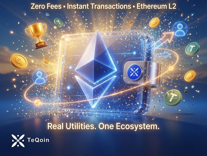 Promotional graphic for TeQoin featuring a glowing Ethereum logo surrounded by floating coins, a trophy, and a lock icon, with text reading "Zero Fees • Instant Transactions • Ethereum L2" and "Real Utilities. One Ecosystem." — visually reinforcing the announcement of TeQoin's live Ethereum Layer-2 mainnet integration with zero-fee, instant transactions via a Telegram wallet bot.