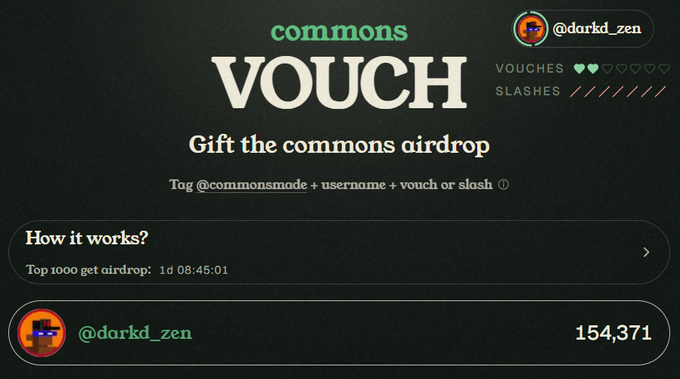 A dark-themed webpage promotes a 'commons VOUCH' airdrop, displaying the handle '@darkd_zen' with a count of 154,371 and instructions on how to tag for the gift.