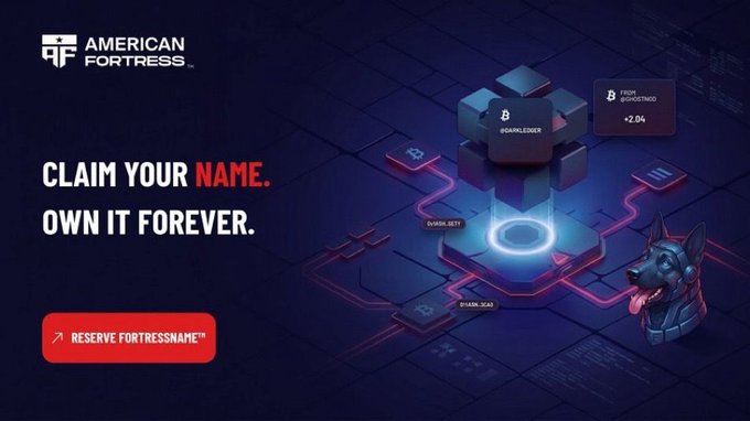 An advertisement for American Fortress with the text "CLAIM YOUR NAME. OWN IT FOREVER." and a "RESERVE FORTRESSNAME™" button, featuring a 3D graphic with a robotic dog.