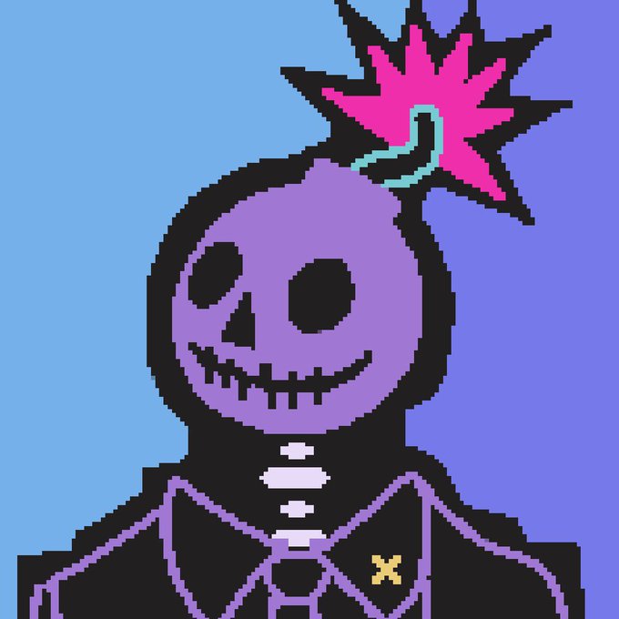 Pixel art of a black skeleton figure wearing a suit and purple bowtie, with a purple skull face, a stitched smile, and a pink flower blossoming from the top of its head against a purple background.