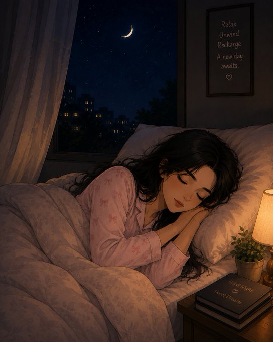 An illustrated scene of a young woman with long dark hair sleeping peacefully in bed at night, with a crescent moon visible through the window and a framed picture on the wall reading 'Relax Unwind Recharge A new day awaits.', accompanied by books labeled 'Good Night' and 'Sweet Dreams.'
