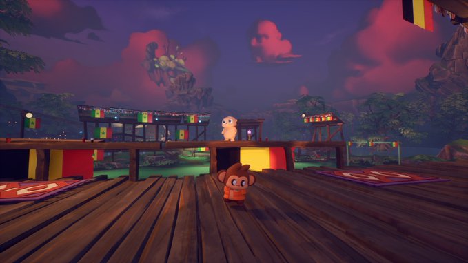 A colorful video game scene featuring a small monkey-like character in an orange life vest standing on a wooden deck, with another character visible on a bridge in a vibrant tropical setting.