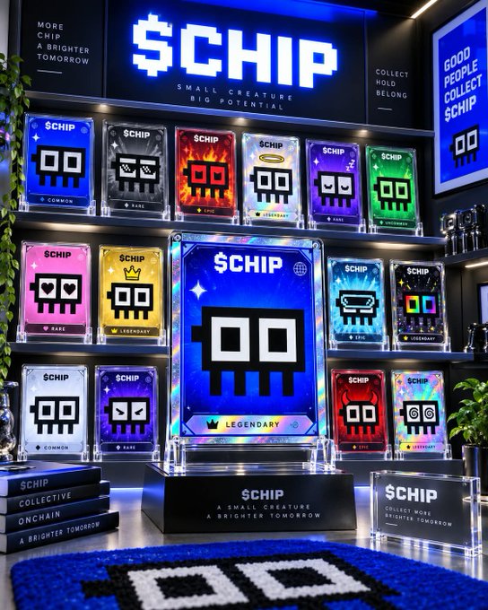 A display case showcasing '$CHIP' collectible cards featuring pixel-art creatures, with a large blue 'LEGENDARY' card displayed prominently in the center under the branding 'MORE CHIP A BRIGHTER TOMORROW - SMALL CREATURE BIG POTENTIAL.'