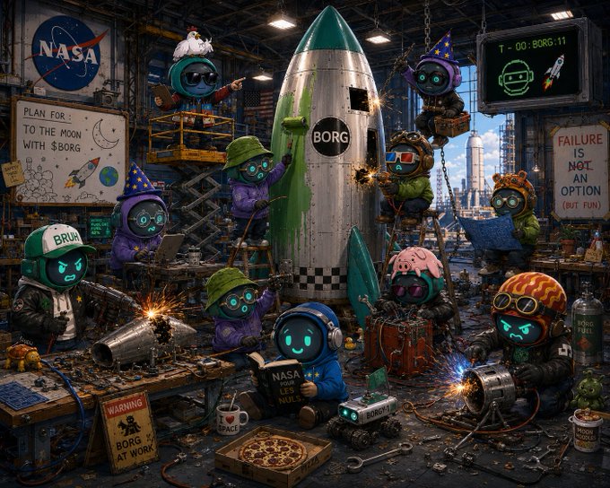A colorful digital illustration of cartoon robots working on a 'BORG' rocket in a workshop, featuring NASA logos and 'TO THE MOON WITH $BORG' sign.