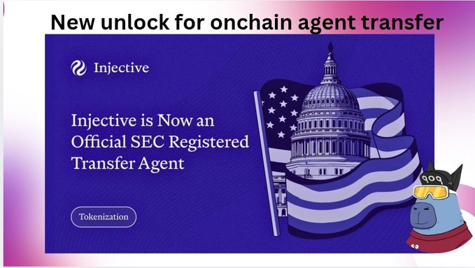 A promotional graphic titled 'New unlock for onchain agent transfer' announcing that 'Injective is Now an Official SEC Registered Transfer Agent,' featuring the U.S. Capitol and an American flag alongside a cartoon monkey mascot.