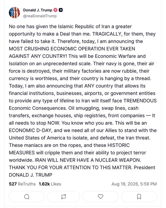 A screenshot of a Truth Social post by Donald J. Trump (@realDonaldTrump) dated August 19, 2026, announcing sweeping economic sanctions against Iran and threatening "TREMENDOUS Economic Consequences" for any country providing financial lifelines. The accompanying caption highlights the contradiction between Treasury Secretary Bessent's efforts to support long-end UST buybacks and Trump's rhetoric aimed at pressuring bond markets.