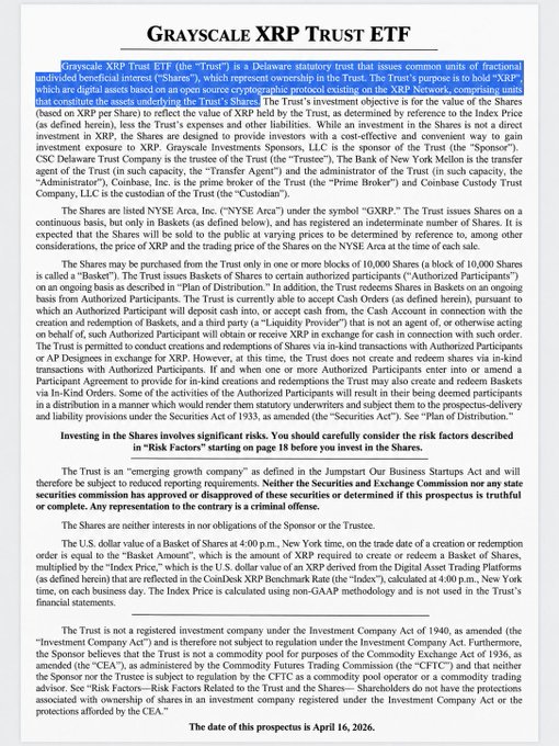 A document titled "GRAYSCALE XRP TRUST ETF" with highlighted text discussing Delaware statutory trusts, Coinbase Inc. as the custodian, and XRP tokenization, dated April 16, 2026.