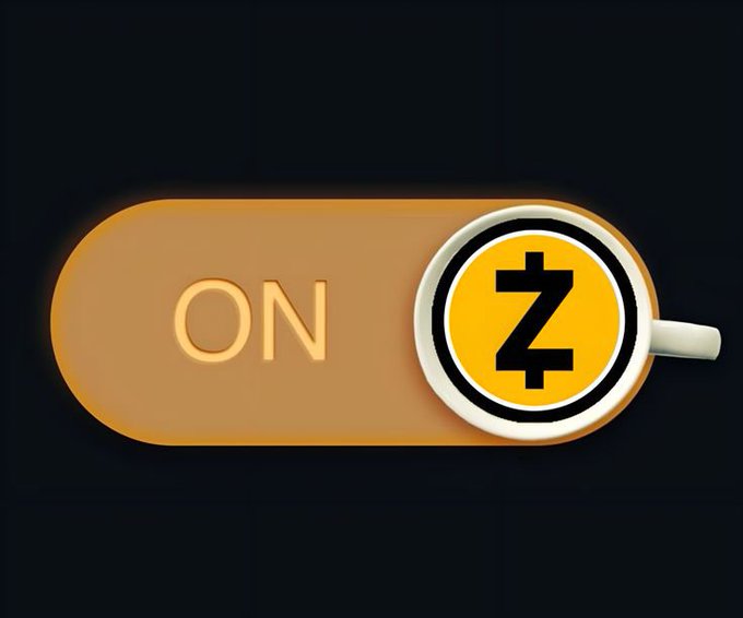 An orange toggle switch in the 'ON' position with a coffee cup containing Zcash (ZEC) cryptocurrency logo on the right side.