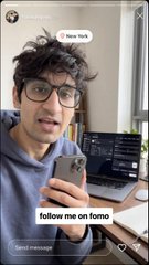 A vertical video screenshot of a young man with curly hair and glasses, with text overlays reading 'New York' and 'follow me on fomo'.