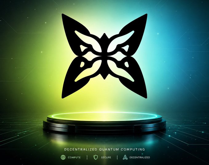 A digital graphic displays a black, symmetrical butterfly logo above a glowing circular platform, with the text 'DECENTRALIZED QUANTUM COMPUTING' and icons for 'COMPUTE', 'SECURE', and 'DECENTRALIZED' below.
