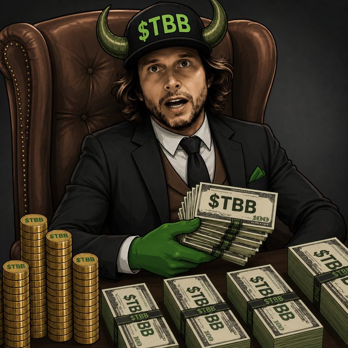 A digital illustration depicts a devil-horned figure in a suit wearing a green "$TBB" cap and gloves, gleefully clutching stacks of $100 bills branded with "$TBB" alongside piles of gold coins also marked "$TBB"—symbolizing the meme-stock surge and the poster's tongue-in-cheek celebration of a $6.68M market cap milestone despite being removed from a Twitter space by @realtommybibi.