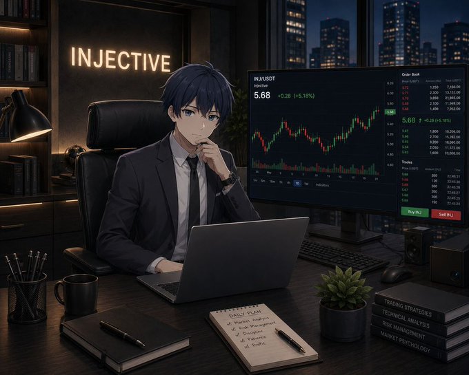 The image features a man sitting at a desk with a laptop, surrounded by various books and other items typical of an office setting. The man appears to be working or studying, possibly using Injective for his tasks. The scene also includes a monitor displaying stock market data, which could indicate that the man is involved in financial analysis or trading activities. The image seems to be related to the post about AI agents and their use on Injective, as it highlights how AI systems can access and utilize real-time information from markets for decision making purposes.