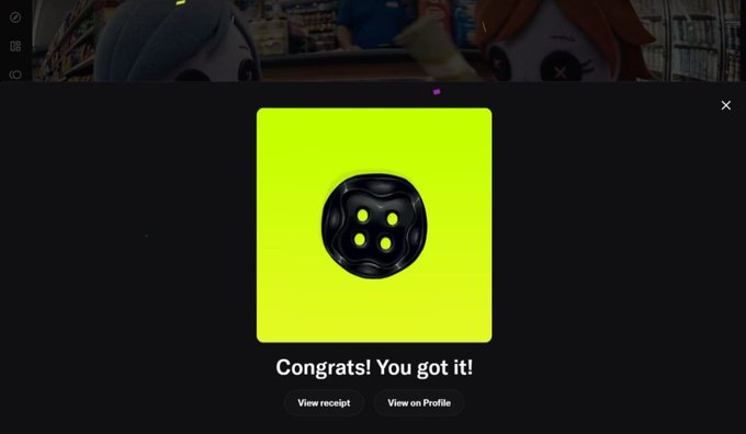A popup displays a black circular icon with four yellow dots on a bright green background, with the text "Congrats! You got it!" and buttons for "View receipt" and "View on Profile," celebrating a successful NFT mint referenced in the post "Minted Higherrrrrrr."