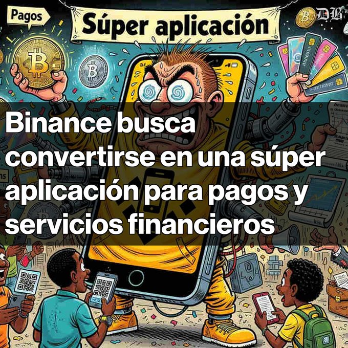 A cartoon-style graphic with Spanish text stating 'Súper aplicación' and 'Binance busca convertirse en una súper aplicación para pagos y servicios financieros', depicting a large phone character with multiple arms.