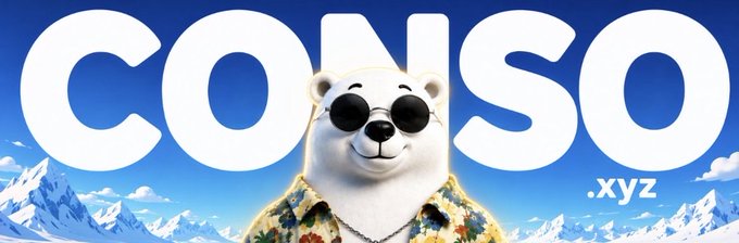 A banner for 'CONSO.xyz' featuring a bear wearing sunglasses and a floral shirt against a backdrop of snowy mountains and a blue sky.
