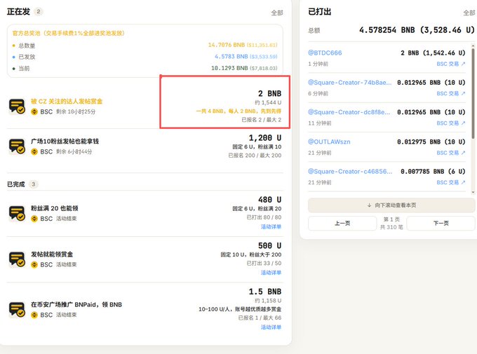 Binance launchpool/task interface in Chinese showing BNB rewards, with a red box highlighting a 2 BNB task for CZ's judicial person verification.