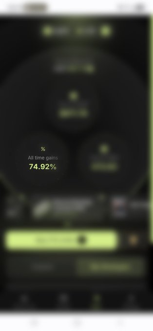 A blurred screenshot of a mobile app interface displays stats, with the visible text '% All time gains 74.92%' shown in a circular widget.