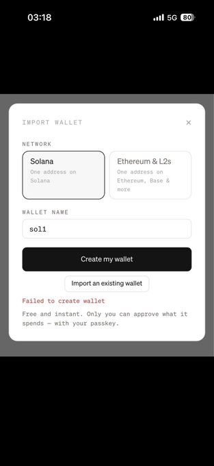 A mobile screenshot of an "IMPORT WALLET" screen on a crypto app showing a failed attempt to create a Solana wallet named "sol1," with a red error message reading "Failed to create wallet" displayed below the "Create my wallet" button. The interface shows two network options (Solana selected and Ethereum & L2s) along with options to create or import an existing wallet.