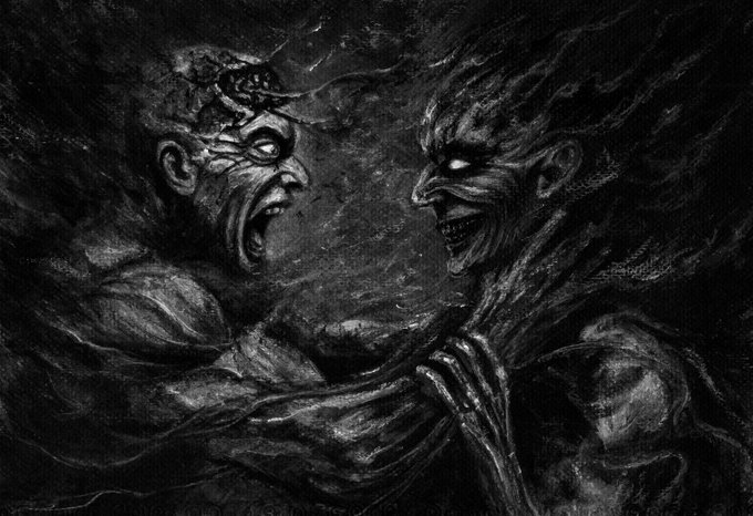 A dark, ominous black-and-white illustration depicting two monstrous, gaunt figures facing each other—one with a distorted screaming face and exposed teeth, the other with glowing white eyes and a sinister grin—appearing to be locked in a violent confrontation.