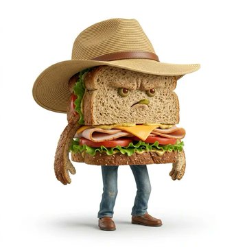 An AI-generated image of a sandwich character with an angry face, wearing a cowboy hat and blue jeans, standing on two legs.
