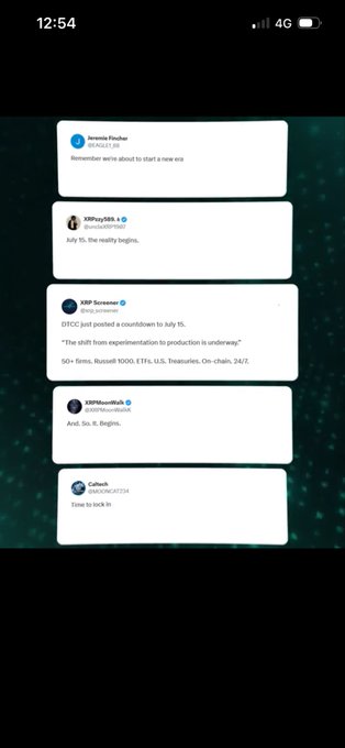 A screenshot of a mobile Twitter/X feed at 12:54 showing several tweets with XRP-related commentary, including Jerome Fisher (@daboritoOJK) saying "Remember we're about to start a new era," XRPtay404 noting "July 15. the reality begins," XRP Scremmer stating "The shift from experimentation to production is underway" referencing a DTCC countdown to July 15, XRPHoundluuk declaring "And. So. It. Begins," and Caltech closing with "Time to lock in"—collectively reinforcing the post's theme of bullish XRP community speculation tied to the July 15 DTCC announcement.