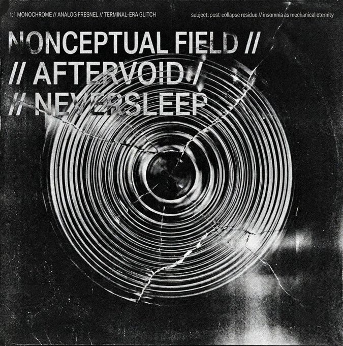 A black and white glitch-style graphic with text reading '1:1 MONOCHROME // ANALOG FRESNEL // TERMINAL-ERA GLITCH' and 'NONCEPTUAL FIELD // // AFTERVOID / // NEVERSLEEP', featuring concentric circular patterns.