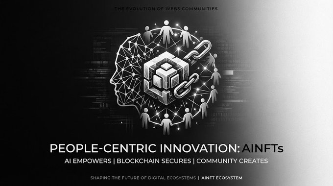 A graphic illustration about 'THE EVOLUTION OF WEB3 COMMUNITIES' featuring a brain with networked people and a chain link, with text reading 'PEOPLE-CENTRIC INNOVATION: AINFTs', 'AI EMPOWERS | BLOCKCHAIN SECURES | COMMUNITY CREATES', and 'SHAPING THE FUTURE OF DIGITAL ECOSYSTEMS | AINFT ECOSYSTEM'.