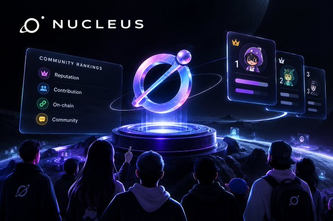 A promotional graphic for 'NUCLEUS' featuring a glowing 3D logo on a platform, with a 'COMMUNITY RANKINGS' panel listing Reputation, Contribution, On-chain, and Community, alongside a leaderboard with cartoon avatars.