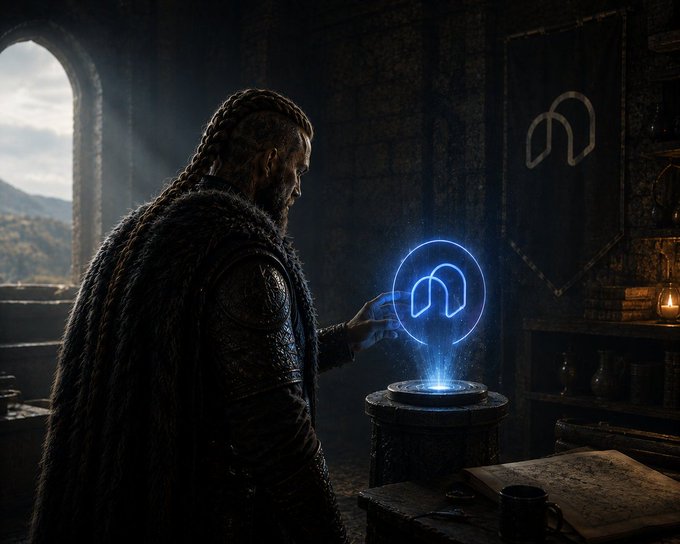 Cinematic digital artwork showing a Viking-like figure interacting with a glowing blue holographic projection of the COTI logo in a medieval stone chamber.