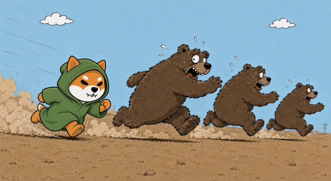 A cartoon Shiba Inu dog wearing a green hoodie sprints ahead of three terrified bears, kicking up dust as they flee in panic across a barren landscape.

The image cleverly visualizes the post's "extremely bullish" announcement by depicting the iconic Shiba Inu (mascot of Robinhood Chain/SHIB) chasing away bearish forces, symbolizing an upcoming positive development that will overwhelm those betting against the chain.