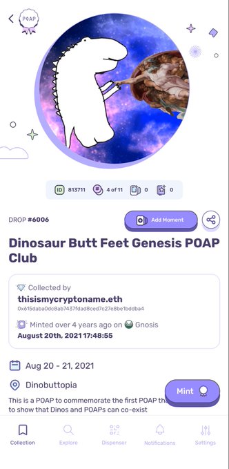 A screenshot of a POAP NFT platform showing 'Dinosaur Butt Feet Genesis POAP Club', drop #6006, collected by thisismycryptoname.eth, minted on August 20th, 2021.