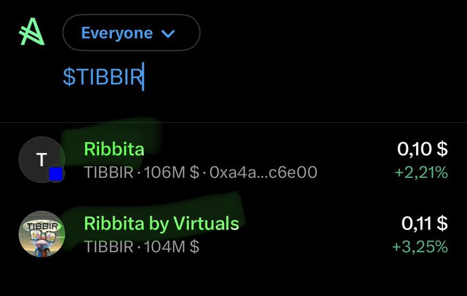 A cryptocurrency tracking app displays search results for "$TIBBIR," showing two tokens named "Ribbita" priced at $0.10 (+2.21%) and "Ribbita by Virtuals" priced at $0.11 (+3.25%), with market caps of 106M and 104M respectively.