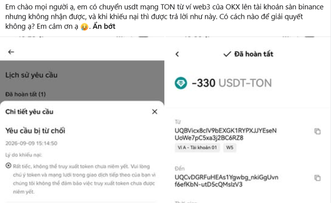 A Vietnamese-language screenshot showing a rejected Binance transfer request of -330 USDT-TON from an OKX Web3 wallet (UQBVicx8cIV9bEXGK1RYPXJUYEsENUoWe7pCSxa3j2BC6RZ8) to a deposit address (UQCVdGRFuHEAs1Ygwbg_nkiGgUvnf6efKbN-utD5cQMslzV3), with the rejection reason citing that the transferred token "has not been listed yet," confirming the scam warning that fake tokens on the TON network can cause funds to be lost.