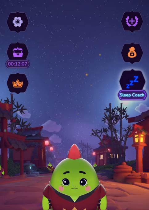 A screenshot from a mobile game featuring a cute green character with a red tuft in a nighttime village setting, with icons including a 'Sleep Coach' option.