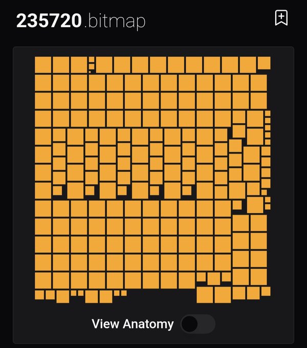 The image displays a digital interface for a Bitcoin Ordinals artifact titled "235720.bitmap," showing a grid-based mosaic of orange squares on a black background that visually represents an on-chain Bitcoin block. At the top, the filename "235720.bitmap" is clearly labeled, while a "View Anatomy" toggle appears at the bottom, allowing users to examine the block's structure. The post explains that Bitmaps are decentralized Bitcoin metaverse assets that transform individual Bitcoin blocks into intellectual property by embedding information directly into the blockchain, and the image showcases one such block represented as a visual, collectible NFT-style mosaic.
