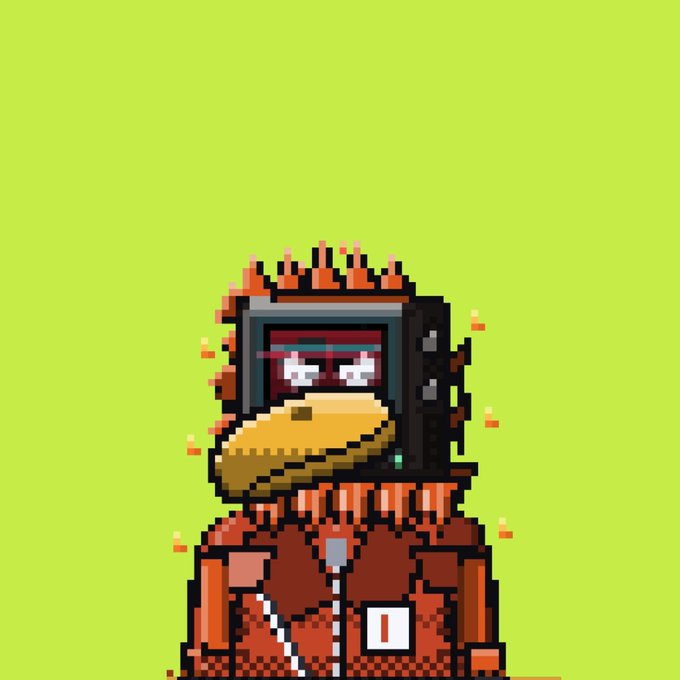 A pixel art character with a TV-head and duck bill wearing an orange jacket appears against a lime green background, serving as the NFT artwork being given away in the Robinhood App free mint promotion.