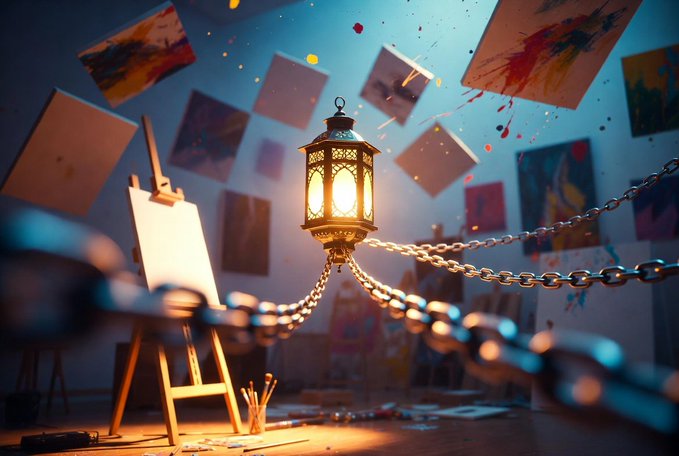 A glowing lantern hangs at the center of an artist's studio, surrounded by floating canvases splattered with paint, with chains emerging from its light to symbolize the linking of creative aspirations to tangible value. The chains radiating from the lantern visually echo the concept of transforming artistic dreams into tradable on-chain assets through TofaWish's wish-powered Real World Asset platform.