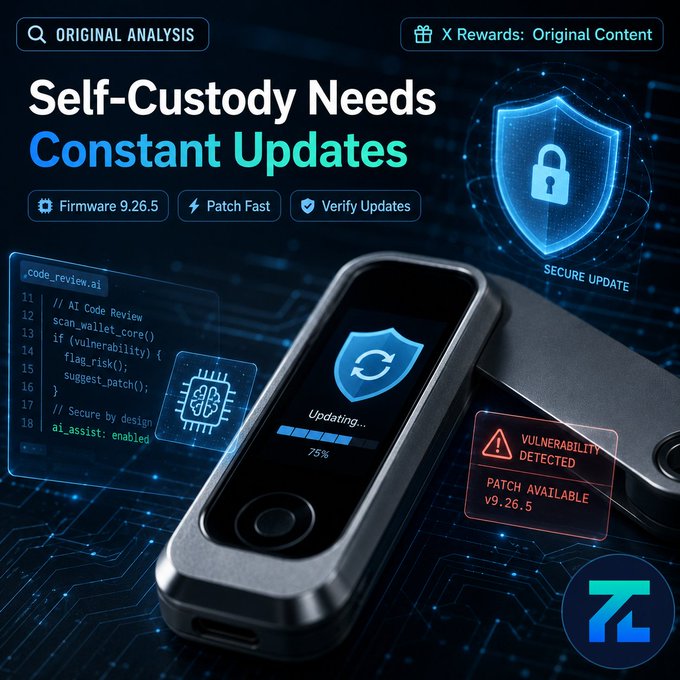A digital graphic titled 'Self-Custody Needs Constant Updates' featuring a hardware wallet updating to firmware 9.26.5, with code snippets and a 'VULNERABILITY DETECTED' warning.