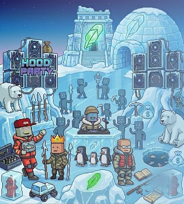 A colorful pixel art illustration titled 'HOOD PARTY' depicting an icy arctic scene with characters, polar bears, penguins, speakers, and green feather icons scattered throughout.