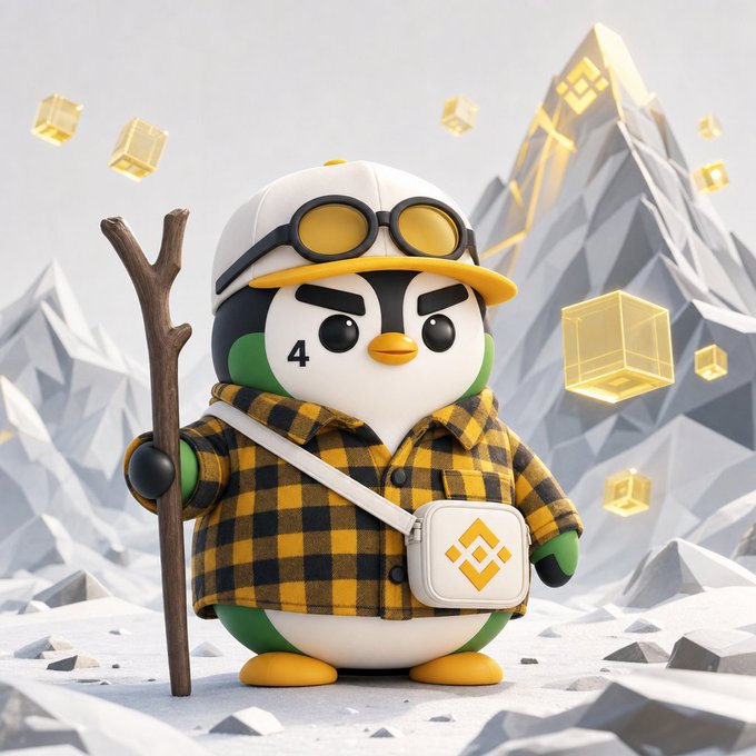 The image features a cartoon penguin wearing a plaid shirt, carrying a stick and holding a white bag with a yellow diamond patterned design. The penguin appears to be standing on a snowy mountain top surrounded by scattered gold cubes. The caption reads "用了一下 @dappOS_com 的 AI 来捏币安盲公仔", which suggests that the image is related to a digital art piece or an advertisement for a digital currency, such as Bitcoin.