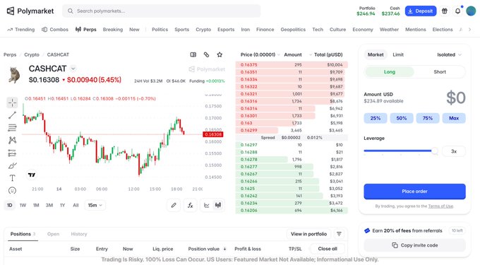 A Polymarket Perps trading interface for CASHCAT shows a 3x long position setup with the token at $0.16308, up 5.45%, displaying order book, 15-minute price chart, and a $0.0094 funding rate—matching the trader's intent to go long with leverage on CASHCAT to capitalize on the recent upward move.