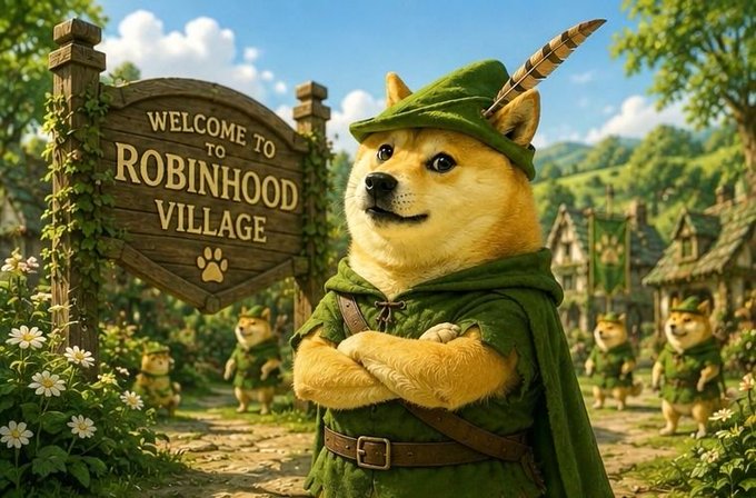 A Shiba Inu dressed as a green-clad Robin Hood stands proudly beside a wooden "Welcome to Robinhood Village" sign, with smaller Shiba Inu villagers gathered in a charming woodland village behind him. The image playfully ties to the post by casting the "$BOM" token as the heroic mascot ready to launch a new era of finance on the Robinhood blockchain.