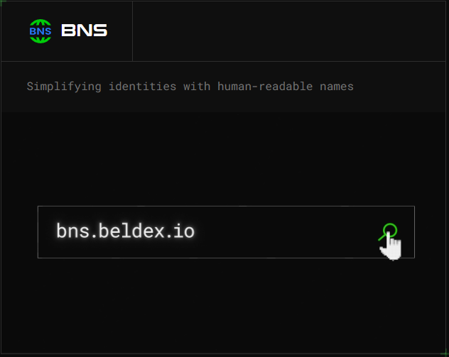 A dark web interface for BNS (Beldex Name Service) with the tagline 'Simplifying identities with human-readable names' and a search bar displaying 'bns.beldex.io'.